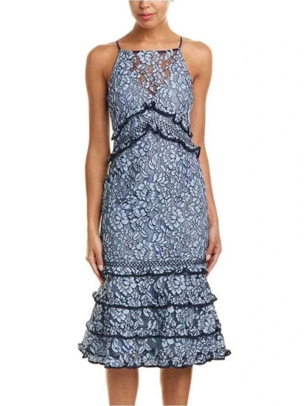 KEEPSAKE the Label Navy and Light Blue Lace Tiered Midi Dress